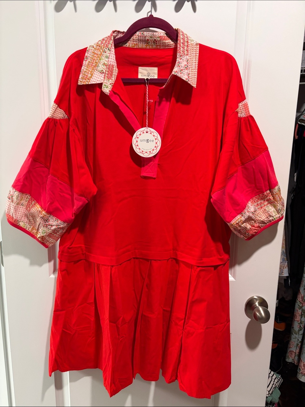 Umgee Red Mini Dress with Patterned Collar and Cuffs